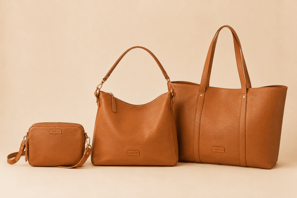 Trois sacs à main en cuir de tailles différentes pour comparer les formats